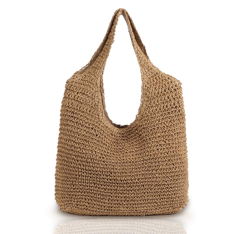 QTKJ Hand-woven Soft Large Straw Shoulder Bag Boho Straw Handle Tote Retro Summer Beach Bag Rattan Handbag (Khaki) - Image 1